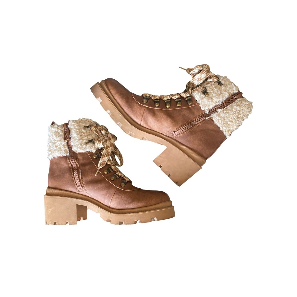 Circus by Sam Edelman Brown Faux Leather Shearling Lug Sole Combat Boots women 8